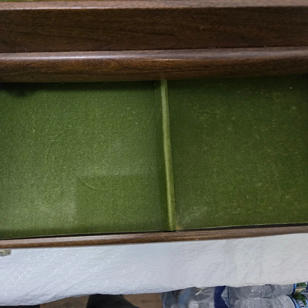 Vintage Large Jewelry Box Chest Faux Wood Grain Green Velvet Lining 3-Tier